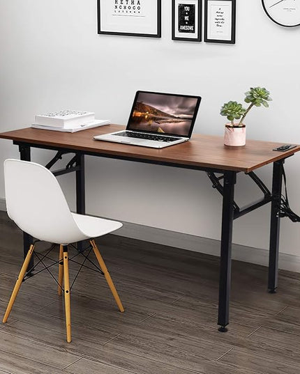 Frylr Folding Computer Desk with Plugs & USB Ports, Home Office Desks Foldable 43.3x19.6x29.5 Inch Study Table for Student Writing Desk for PC/Laptop, No Installation, Walnut + Black Leg - LeafyLoom