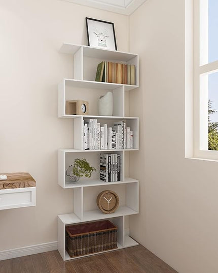 Yusong S Shaped Bookshelf, Modern Geometric Bookcase, 6-Tier White Display Case Book Shelf - LeafyLoom
