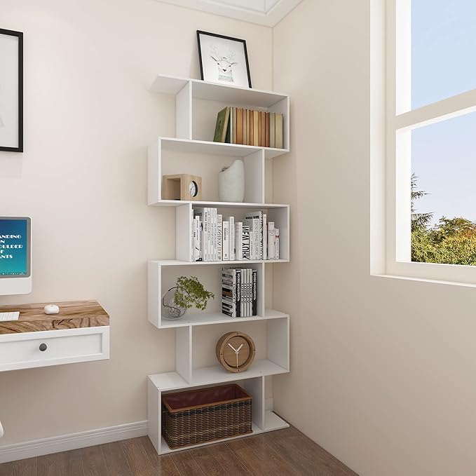 Yusong S Shaped Bookshelf, Modern Geometric Bookcase, 6-Tier White Display Case Book Shelf - LeafyLoom