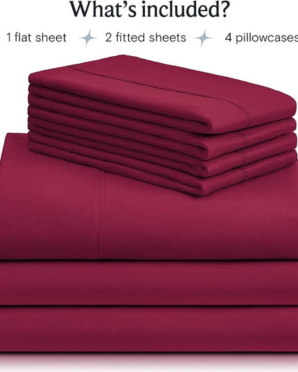 LuxClub 7 PC Split King Sheet Set, Breathable Luxury Bed Sheets, Deep Pockets 18" Eco Friendly Wrinkle Free Cooling Sheets Machine Washable Hotel Bedding Silky Soft - Burgundy Split King - LeafyLoom
