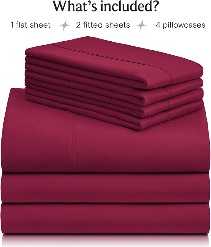 LuxClub 7 PC Split King Sheet Set, Breathable Luxury Bed Sheets, Deep Pockets 18" Eco Friendly Wrinkle Free Cooling Sheets Machine Washable Hotel Bedding Silky Soft - Burgundy Split King - LeafyLoom