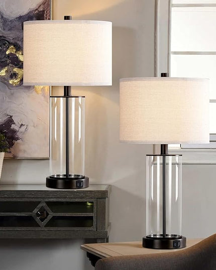 23.5'' Glass Table Lamp Set of 2 for Living Room, 3-Way Touch Control Table Lamps with USB Ports and AC Outlets(Bulbs Included) - LeafyLoom
