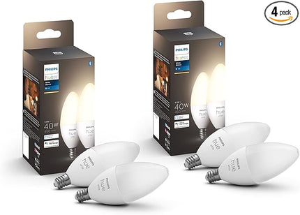 Philips Hue Smart 40W B39 Candle-Shaped LED Bulb - Soft Warm White Light - 4 Pack - 450LM - E12 - Indoor - Control with Hue App - Compatible with Alexa, Google Assistant and Apple Homekit Philips