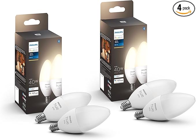 Philips Hue Smart 40W B39 Candle-Shaped LED Bulb - Soft Warm White Light - 4 Pack - 450LM - E12 - Indoor - Control with Hue App - Compatible with Alexa, Google Assistant and Apple Homekit Philips