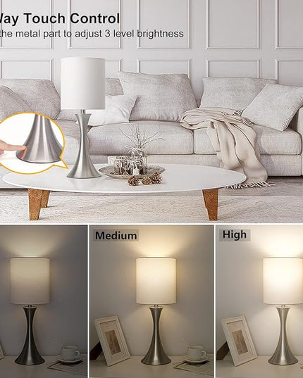 Touch Control Table Lamp, 3-Way Dimmable Bedside Lamp for Living Room, Modern Nightstand Lamp for Bedroom, Silver Table Lamp with White Shade, Desk Lamp for Dorm, Home, Office, 3000K LED Bulb Included - LeafyLoom