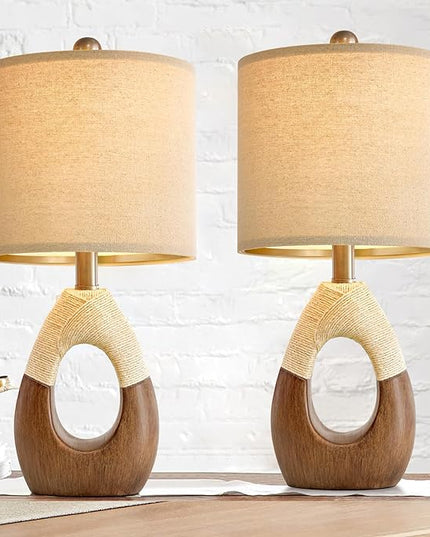 OYEARS Boho Table Lamps Bedroom Living Room Set 2 Sleeping and Reading,Small Farmhouse RattanTable Lamp 19”Rustic Egg Design Resin Light Decoration,Nightstand Bedside Lamps for Office Study Rest - LeafyLoom