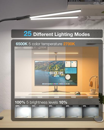 LED Desk Lamp for Home Office,Bright Double Head Desk Lamp with Clamp,Dimmable 5 Color Modes Desk Lighting,12W Eye-Caring Architect Table Lamp for Workbench,Monitor,Reading,Study,1400lm - LeafyLoom
