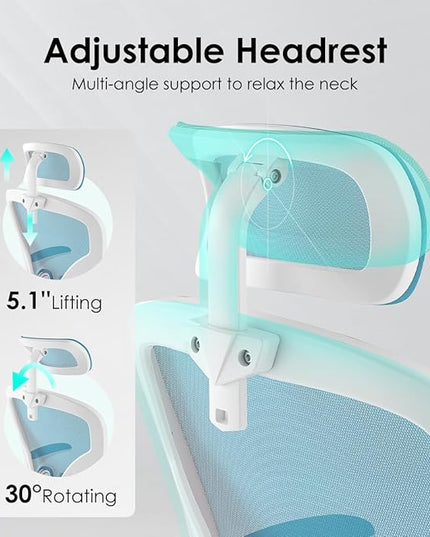 Farini Ergonomic Office Chair, Home Office Desk Chair with Headrest, High Back Computer Chair with Flip-up Armrests and Adjustable Lumbar Support for Home Office Study Room (with Headrest, Blue) - LeafyLoom
