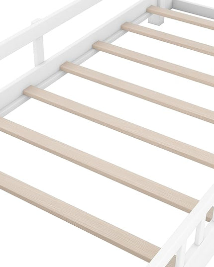 Twin Size Platform Bed with Built-in LED Light,Multi-functional Wood Beds Frame,w/ 2 Storage Shelves Headboard and Guardrail,for Apartment,Bedroom,Living Room,White - LeafyLoom
