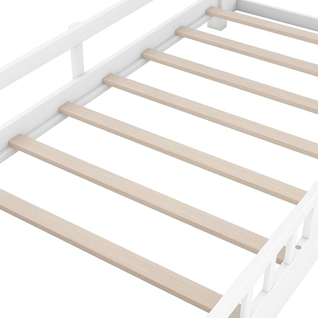 Twin Size Platform Bed with Built-in LED Light,Multi-functional Wood Beds Frame,w/ 2 Storage Shelves Headboard and Guardrail,for Apartment,Bedroom,Living Room,White - LeafyLoom