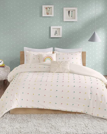 Duvet Cotton Jacquard Weave Colorful Poms Accent, Shabby Chic Cover for Comforter Cozy Bedding Set, Matching Shams, Decorative Pillows, Full Queen, Multi, 5 Piece - LeafyLoom