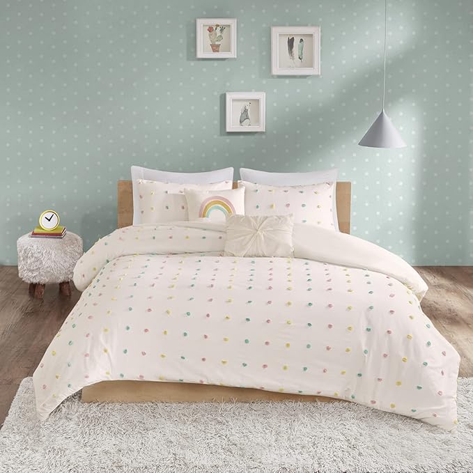 Duvet Cotton Jacquard Weave Colorful Poms Accent, Shabby Chic Cover for Comforter Cozy Bedding Set, Matching Shams, Decorative Pillows, Full/Queen, Multi, Twin/Twin XL, 4 Piece - LeafyLoom
