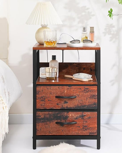 Yoobure Nightstand with Charging Station, Small Night Stand with Fabric Drawers and Storage Shelf for Bedrooms, Nightstands for Small Spaces Bedside Table with USB Ports & Outlets, Bed Side Table - LeafyLoom