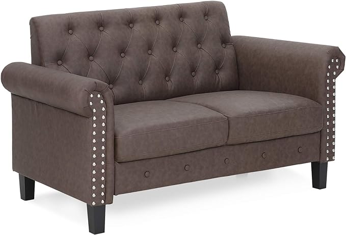 Furinno Bastia Vintage Modern Chesterfield Button Tufted Loveseat/Sofa Couch for Living Room, Brown Faux Leather - LeafyLoom