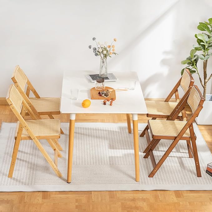 Rattan Folding Chairs, Modern Mid Century Dining Chairs Set of 2, Outdoor Bamboo Chairs for Bedroom Living Room Reading Room Dining Kitchen, Walnut - LeafyLoom