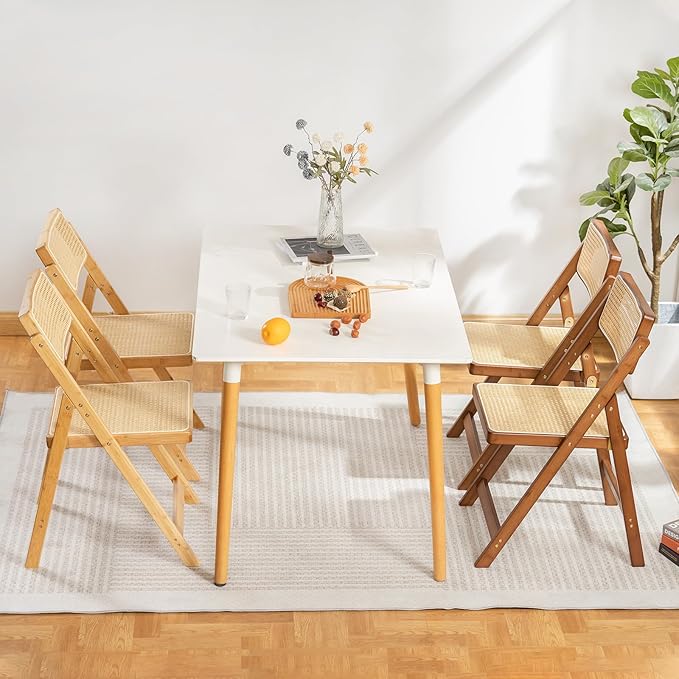 Rattan Folding Chair, Modern Mid Century Dining Chairs Set of 1, Comfy Outdoor Bamboo Chairs for Bedroom Living Room Reading Room Dining Kitchen, Walnut - LeafyLoom