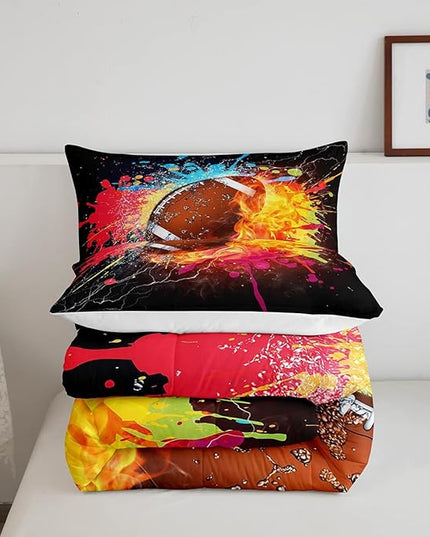 Erosebridal Football Comforter Set for Teen Boys Kids Hippie Tie Dye Sports Football Bedding Sets Rugby Bed Quilt Set King Size 1 Comforter and 2 Pillow Cases Colorful Sport Theme Bedroom Decor - LeafyLoom