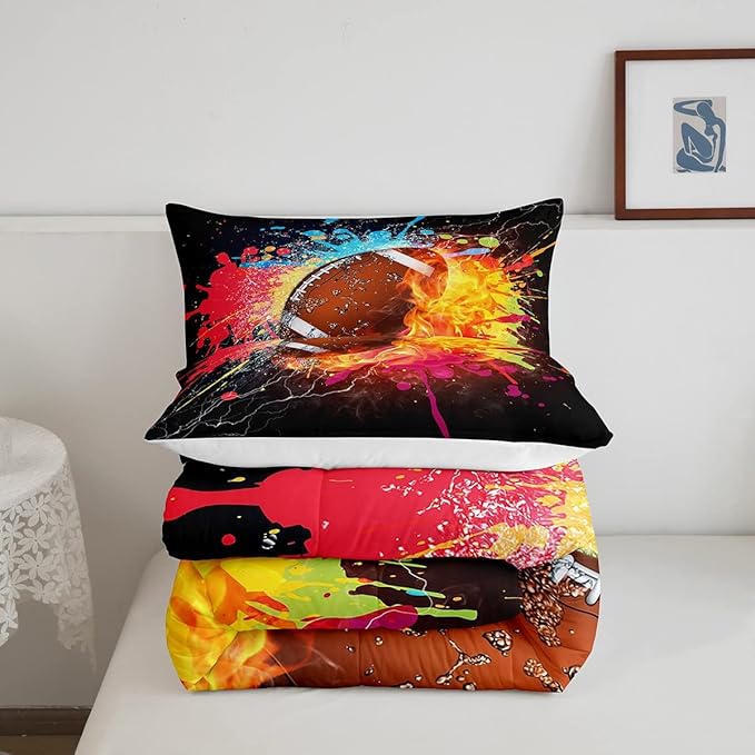 Erosebridal Football Comforter Set for Teen Boys Kids Hippie Tie Dye Sports Football Bedding Sets Rugby Bed Quilt Set Queen Size 1 Comforter and 2 Pillow Cases Colorful Sport Theme Bedroom Decor - LeafyLoom