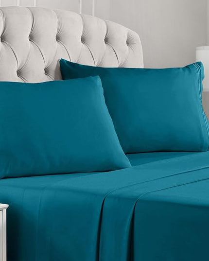 Mellanni Split King Sheets Set - 5 PC Iconic Collection Bedding Sheets & Pillowcases - Hotel Luxury, Extra Soft, Cooling Bed Sheets - Deep Pocket up to 16 inch (Split King, Teal) - LeafyLoom