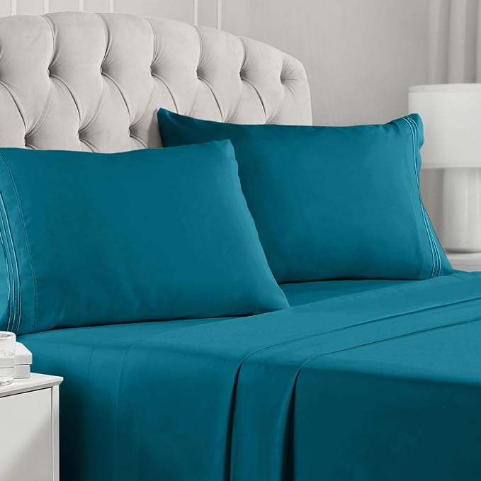 Mellanni Split King Sheets Set - 5 PC Iconic Collection Bedding Sheets & Pillowcases - Hotel Luxury, Extra Soft, Cooling Bed Sheets - Deep Pocket up to 16 inch (Split King, Teal) - LeafyLoom