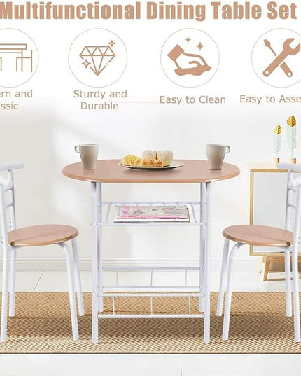 FANTASK 3 Pieces Dining Set, Breakfast Table Set w/Metal Frame and Storage Shelf, Compact Table and 2 Chairs Set for Home Bistro Pub Apartment Kitchen Dining Room Cafe - LeafyLoom