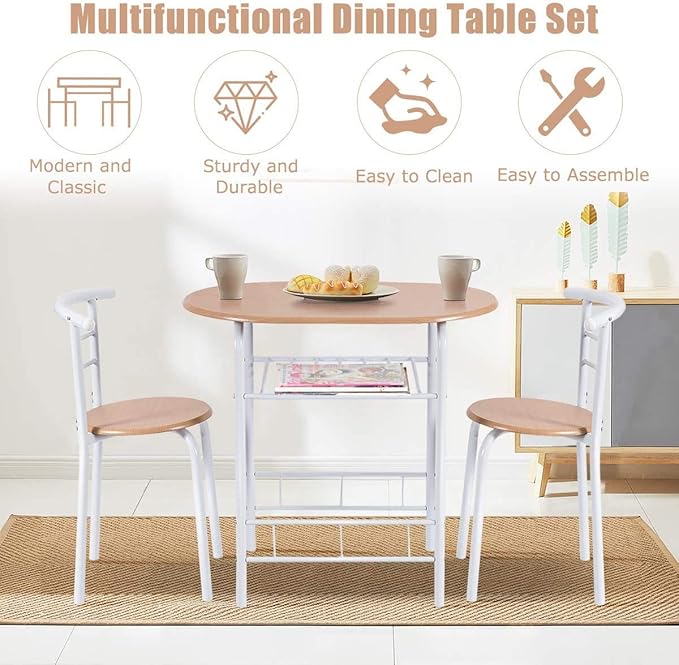 FANTASK 3 Pieces Dining Set, Breakfast Table Set w/Metal Frame and Storage Shelf, Compact Table and 2 Chairs Set for Home Bistro Pub Apartment Kitchen Dining Room Cafe - LeafyLoom