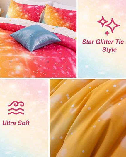 A Nice Night Gradient Glitter 6Pcs Bed in A Bag Bedding Set for Girls Twin Size, Colorful Rainbow Galaxy Comforter Set, Ultra Soft Bedding Sets, YellowBlue - LeafyLoom