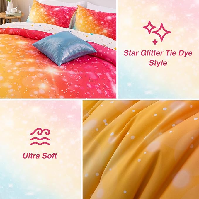 A Nice Night Gradient Glitter 6Pcs Bed in A Bag Bedding Set for Girls Full Size, Colorful Rainbow Galaxy Comforter Set, Ultra Soft Bedding Sets, YellowBlue - LeafyLoom