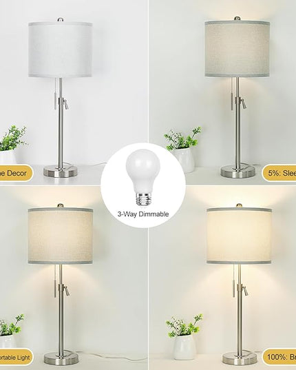 Brushed Nickel Table Lamps Set of 2: 22" to 30" Height Adjustable Nightstand Lamps with Grey Linen Shade Pull Chain Switch Silver Pole Beside Lamp for Living Room Bedroom (Brushed Nickel,Grey Shade) - LeafyLoom