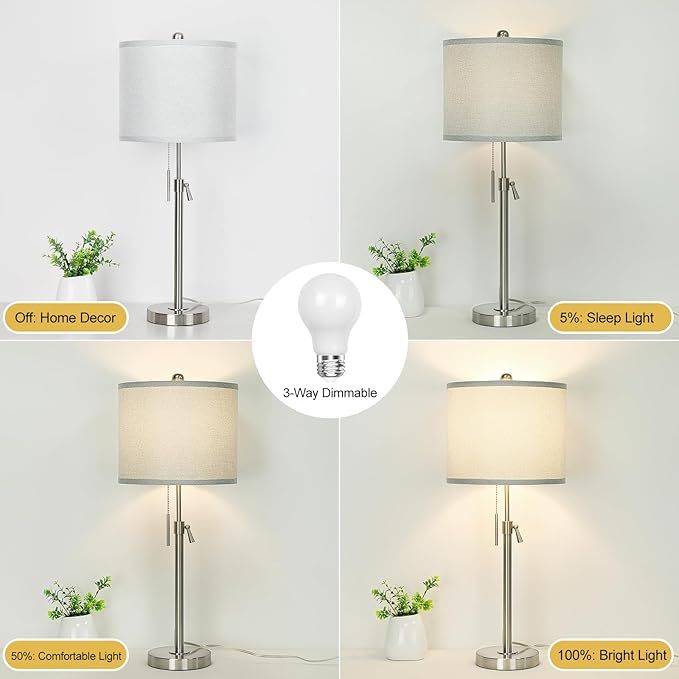 Brushed Nickel Table Lamps Set of 2: 22" to 30" Height Adjustable Nightstand Lamps with Grey Linen Shade Pull Chain Switch Silver Pole Beside Lamp for Living Room Bedroom (Brushed Nickel,Grey Shade) - LeafyLoom