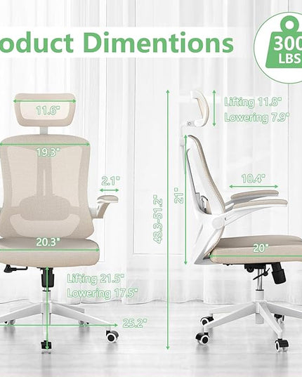 Ergonomic Office Chair - Comfy Desk Chairs with Wheels and Arms, Heavy Duty Mesh Computer Chairs with Comfortable Head Lumbar Back Support for Office, Bedroom, Study and College Dorm (khaki) - LeafyLoom