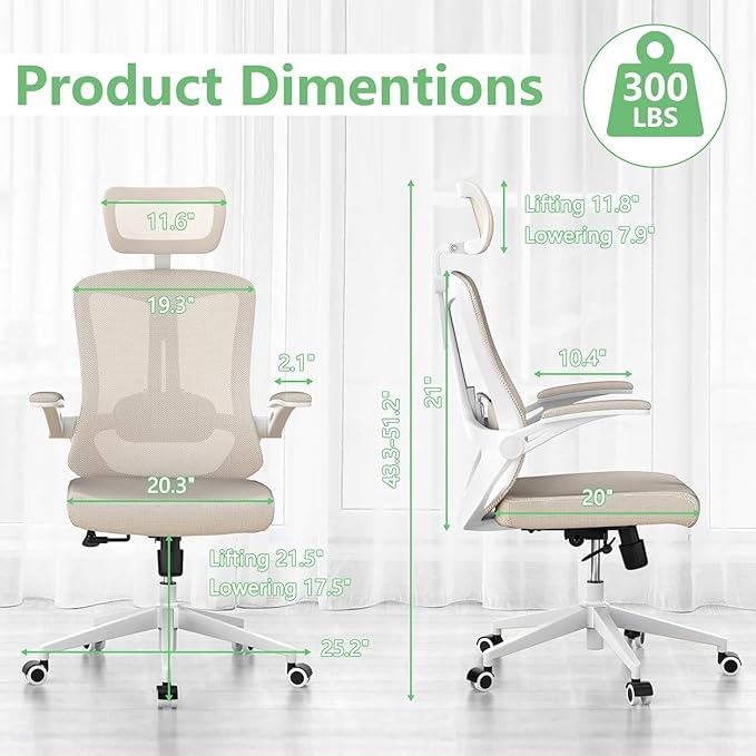 Ergonomic Office Chair - Comfy Desk Chairs with Wheels and Arms, Heavy Duty Mesh Computer Chairs with Comfortable Head Lumbar Back Support for Office, Bedroom, Study and College Dorm (khaki) - LeafyLoom