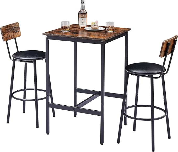 2 PU Soft Seat with Backrest & Footrest, Counter Height Stools for Apartment Dining Room Kitchen or Small Space Easy to Assemble Rustic Brown, 3-Piece Square Bar Table Set - LeafyLoom