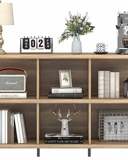 FATORRI 6 Cube Storage Organizer with Shelf, Long Wood and Metal Cubby Bookcase, Industrial Horizontal Bookshelf (Rustic Oak, 47 Inch) - LeafyLoom