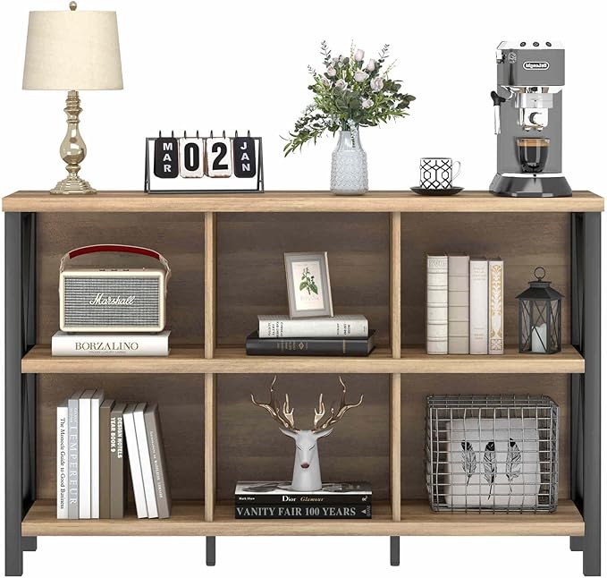 FATORRI 6 Cube Storage Organizer with Shelf, Long Wood and Metal Cubby Bookcase, Industrial Horizontal Bookshelf (Rustic Oak, 47 Inch) - LeafyLoom