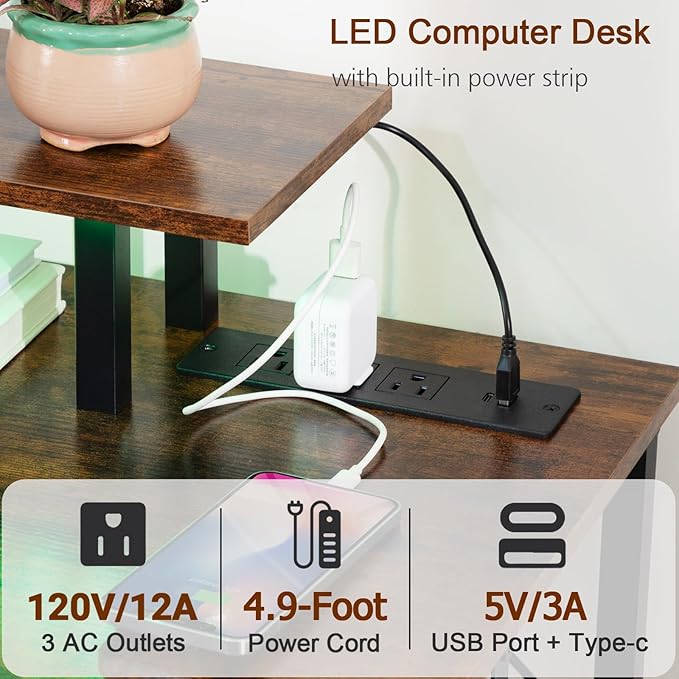 Computer Desk with LED Light & Power Outlets, 47 Inch Gaming Desk with 4 Fabric Drawers, Office Desk with Monitor Stand, Work Writing Desk with Hooks for Home Office, Bedroom, Brown, HGD12BR - LeafyLoom