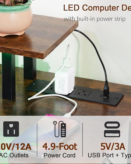 Computer Desk with LED Light & Power Outlets, 55 Inch Gaming Desk with 4 Fabric Drawers, Office Desk with Monitor Stand, Work Writing Desk with Hooks for Home Office, Bedroom, Brown, HGD14BR - LeafyLoom
