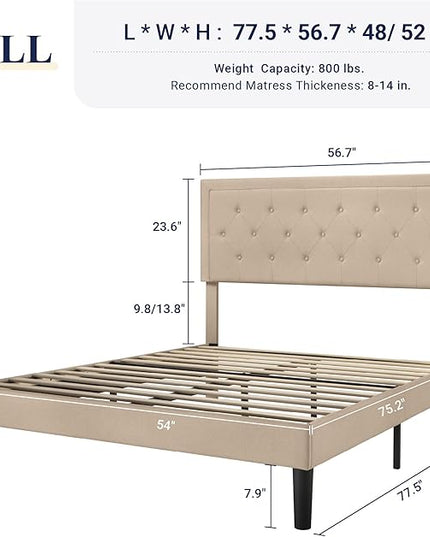 Allewie Full Size Button Tufted Platform Bed Frame/Fabric Upholstered Bed Frame with Adjustable Headboard/Wood Slat Support/Mattress Foundation/Beige (Full) - LeafyLoom