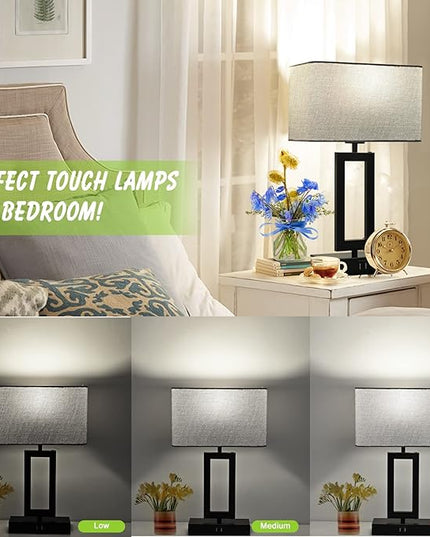 Touch Control Bedside Lamps for Bedrooms Set of 2 Table Lamps for Nightstand with Dual USB Ports, 3-Way Dimmable Modern Desk Lamps for End Table Living Room Office Home Study Room, Grey&Black - LeafyLoom
