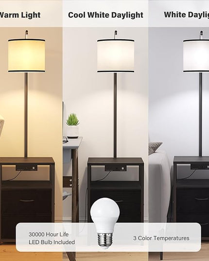 SUNMORY Floor Lamp with Table & 2 Drawers, Lamp with USB Port and Outlet, Lamps for Nightstand with 3 Color Temperature Led Bulb Included, Floor Lamps for Living Room, Bedroom and Home Office, Black - LeafyLoom