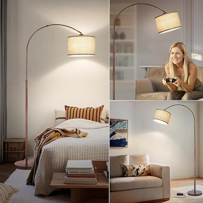 Dimmable Arc Floor Lamps for Living Room, Mid Century Floor Lamp, Antique Bronze Standing Lamp with Adjustable Hanging Shade, Tall Pole Lamp Reading Light for Bedroom, Over Couch, 9W LED Bulb Included - LeafyLoom