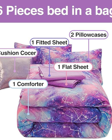 Btargot Lightweight Microfiber 6 Piece Comforter Set, Tie Dye Galaxy Constellation Pattern Bedding Set for Boys Girls Teen, Queen Purple - LeafyLoom