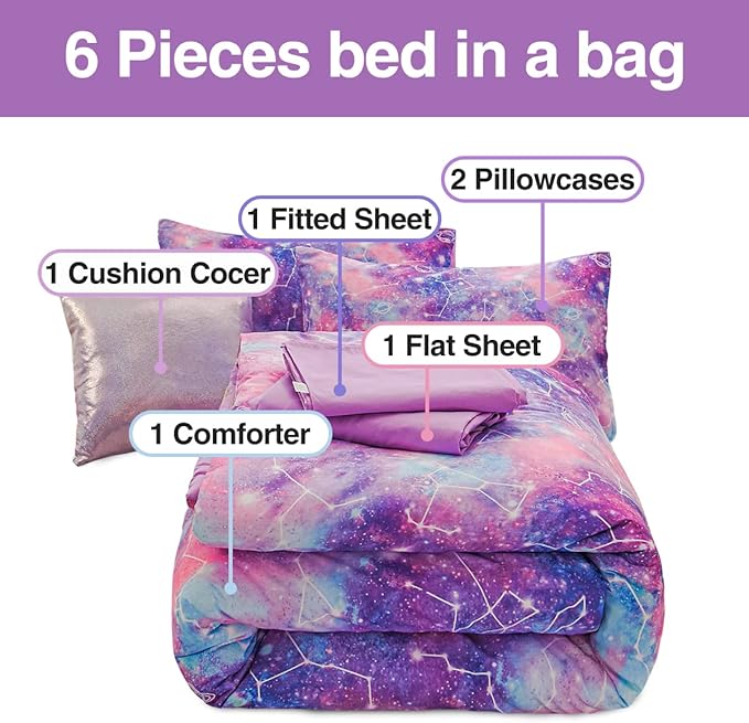 Btargot Lightweight Microfiber 6 Piece Comforter Set, Tie Dye Galaxy Constellation Pattern Bedding Set for Boys Girls Teen, Queen Purple - LeafyLoom