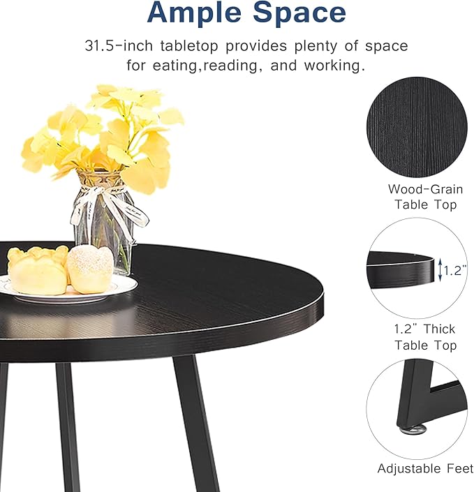 VECELO 3 Piece Kitchen Dining Room Set, Wood Round Table for Breakfast Nook Small Space, Dinette with 2 Cushioned Chairs, Matte Black - LeafyLoom