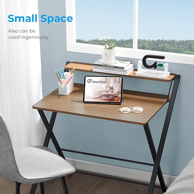 GreenForest Folding Desk No Assembly Required Small Size, 2-Tier Foldable Computer Desk with Shelf for Home Office, Space Saving Portable Laptop Study Foldable Table for Small Spaces, Espresso - LeafyLoom