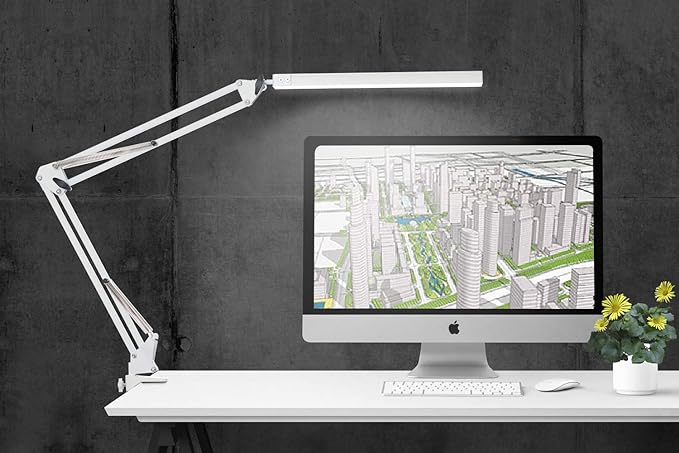 LED Desk Lamp, Architect Task Lamp, Metal Swing Arm Dimmable Drafting Table Lamp with Clamp (3 Color Modes, 10-Level Dimmer, Memory Function) Highly Adjustable Office, Craft, Workbench Light - LeafyLoom
