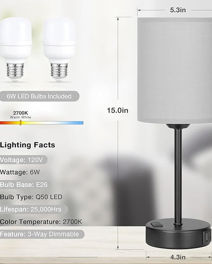 Innqoo Grey Touch Bedroom Lamps Set - 3 Way Dimmable Bedside Lamps with USB C and A Ports and Outlets, Nightstand Lamps with Black Base, Small Lamps for Nursery Office - LeafyLoom