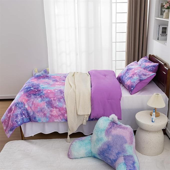 Holawakaka Tie Dye Galaxy Constellation Print Ombre Comforter Set Twin/Twin XL Size Girls Gradient Space Stars Dorm Bedding Set (Purple,Twin) - LeafyLoom