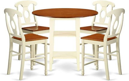 East West Furniture SUKE5H-BMK-W Sudbury 5 Piece Kitchen Counter Height Dining Set Includes a Round Table with Dropleaf & Shelves and 4 Wooden Chairs, 42x42 Inch - LeafyLoom