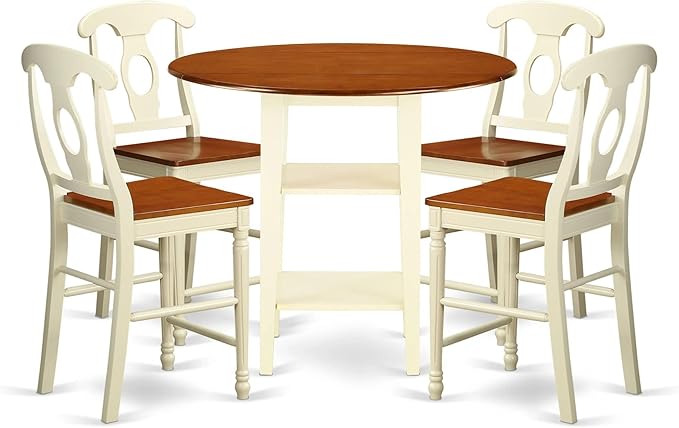 East West Furniture SUKE5H-BMK-W Sudbury 5 Piece Kitchen Counter Height Dining Set Includes a Round Table with Dropleaf & Shelves and 4 Wooden Chairs, 42x42 Inch - LeafyLoom